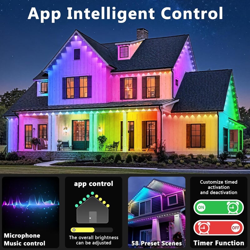 LETIANPAI 300 قدم أضواء خارجية دائمة، أضواء RGB تحت السقف مع تحكم عبر التطبيق، أوضاع مشهد قابلة للتخصيص، إضاءة تحت السقف مقاومة للماء IP67، أضواء خارجية للديكور، ديكور الحدائق، المنزل، الحفلات، العطلات - Image 5